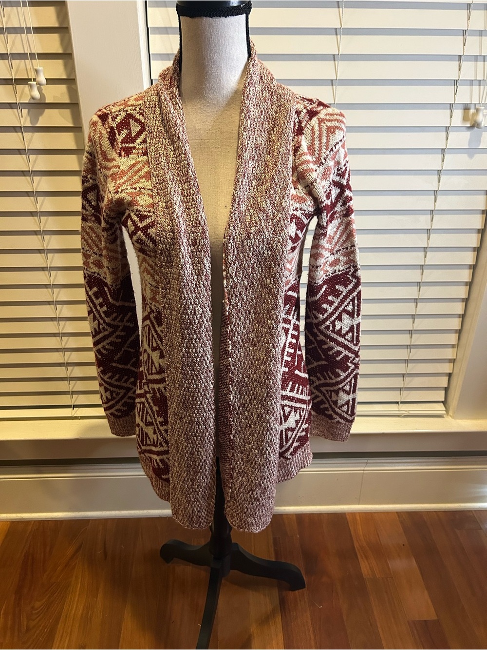 Pink Rose Open-Front Aztec Cardigan Sweater - Cream & Burgundy